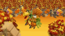 a cartoon turkey is flying through a field of leaves and pumpkins