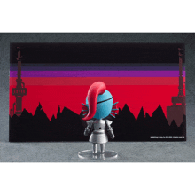 a figurine of a knight with a red tail stands in front of a pixelated background