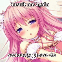 a pink anime girl with long hair and blue eyes is laying down with her eyes closed and a meme on her face .