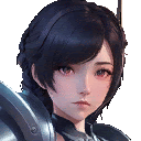 a close up of a girl 's face with a sword in her hand and armor on .