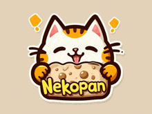 a sticker of a cat holding a piece of bread with nekopan written on it