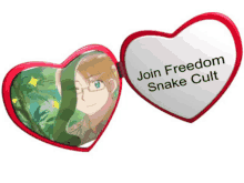 a heart shaped mirror says join freedom snake cult on it