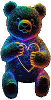 a colorful teddy bear is holding a neon heart