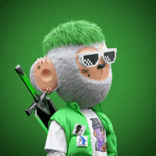 a monkey wearing sunglasses and a green vest has a sticker on his shirt that says " i love you "