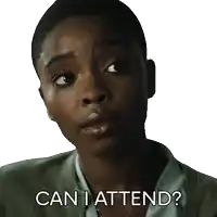a woman says can i attend on a white background