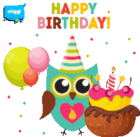 an owl wearing a party hat is holding balloons and a birthday cake with candles