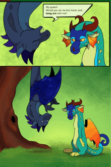 a cartoon of two dragons talking to each other with one saying my queen what would you do me this honor and hang out with me