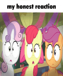 three ponies are standing next to each other with a caption that says my honest reaction