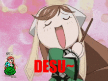 a girl in a green dress is holding a stick in front of the word desu