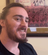 a man with a beard smiles in front of a picture