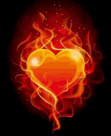 a heart is surrounded by flames on a dark background .