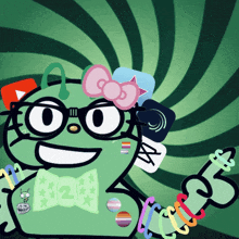 a green cartoon character with a pink bow and the number 2