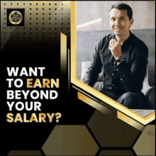 a man is sitting on a couch with the words want to earn beyond your salary on the bottom