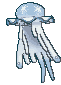 a pixel art drawing of a jellyfish with a hat on .