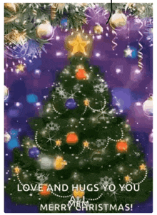 a christmas tree with a star on top and the words `` love and hugs yo you merry christmas ''