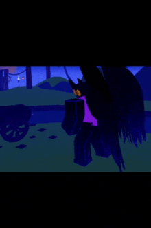 a cartoon character with purple wings is standing in a field