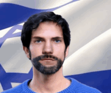 a man with a beard wearing a blue sweater stands in front of an israel flag