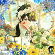 a picture of a man wearing a flower crown with the words i love my husband