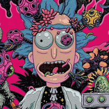 rick from rick and morty is surrounded by colorful aliens