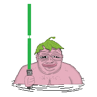 a cartoon of a shirtless man with a green leaf on his head holding a green light saber