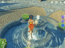 a screenshot of a video game shows a girl standing in a fountain with a lv 50 character