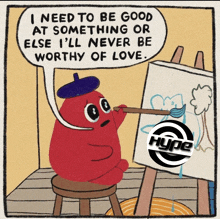 a cartoon of a red monster sitting on a stool painting a picture