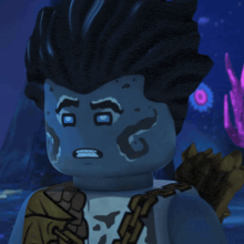 a close up of a cartoon character with a blue face