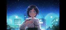a girl in a kimono stands in front of a city skyline at night