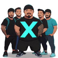 a group of men are posing for a picture and one of them is wearing a shirt with an x on it