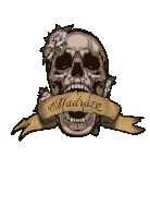 a drawing of a skull with roses and a banner that says madrazo