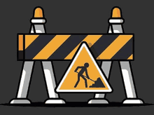 a construction barrier with a man digging in the dirt and a construction sign .