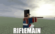 a soldier in a video game is holding a rifle and the word riflemain is on the bottom of the image .