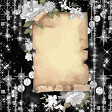 a picture of a scroll with white flowers on it