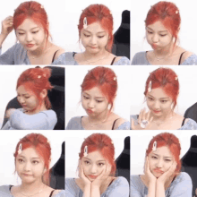 a girl with red hair has many different facial expressions on her face