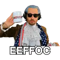 a man holding a mug that says eeffoc on the bottom