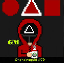 a pixel art of a man in a red hoodie holding a coffee cup