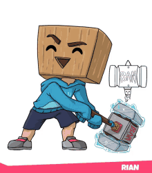 a cartoon of a boy with a box on his head holding a hammer with the word ban on it