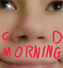 a close up of a woman 's nose with the words good morning written in red