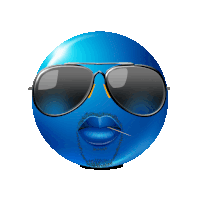 a blue smiley face with sunglasses and a cigarette in his mouth