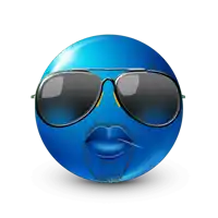 a blue smiley face with sunglasses and a cigarette in his mouth