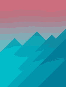 a blue and pink background with a mountain in the background