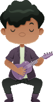 a boy in a purple jacket is playing a purple guitar with his eyes closed