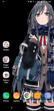 a phone screen shows a girl in a school uniform holding a bag