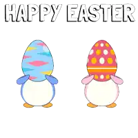 two penguins holding easter eggs with the words happy easter written below them