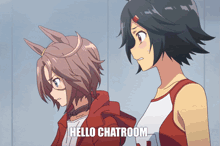 two anime girls are standing next to each other with the words hello chatroom written on the bottom