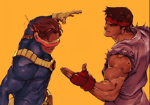 a cartoon drawing of cyclops and ryu fighting