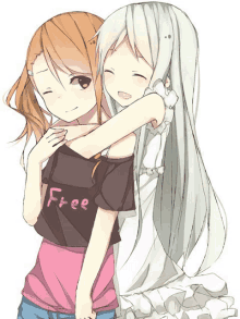 a girl wearing a shirt that says free on it is hugging another girl