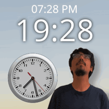 a man stands in front of a clock that says 19:28 pm