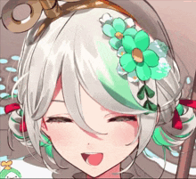 a close up of a girl 's face with a flower in her hair
