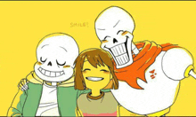 papyrus , sans , and frisk are posing for a picture together .